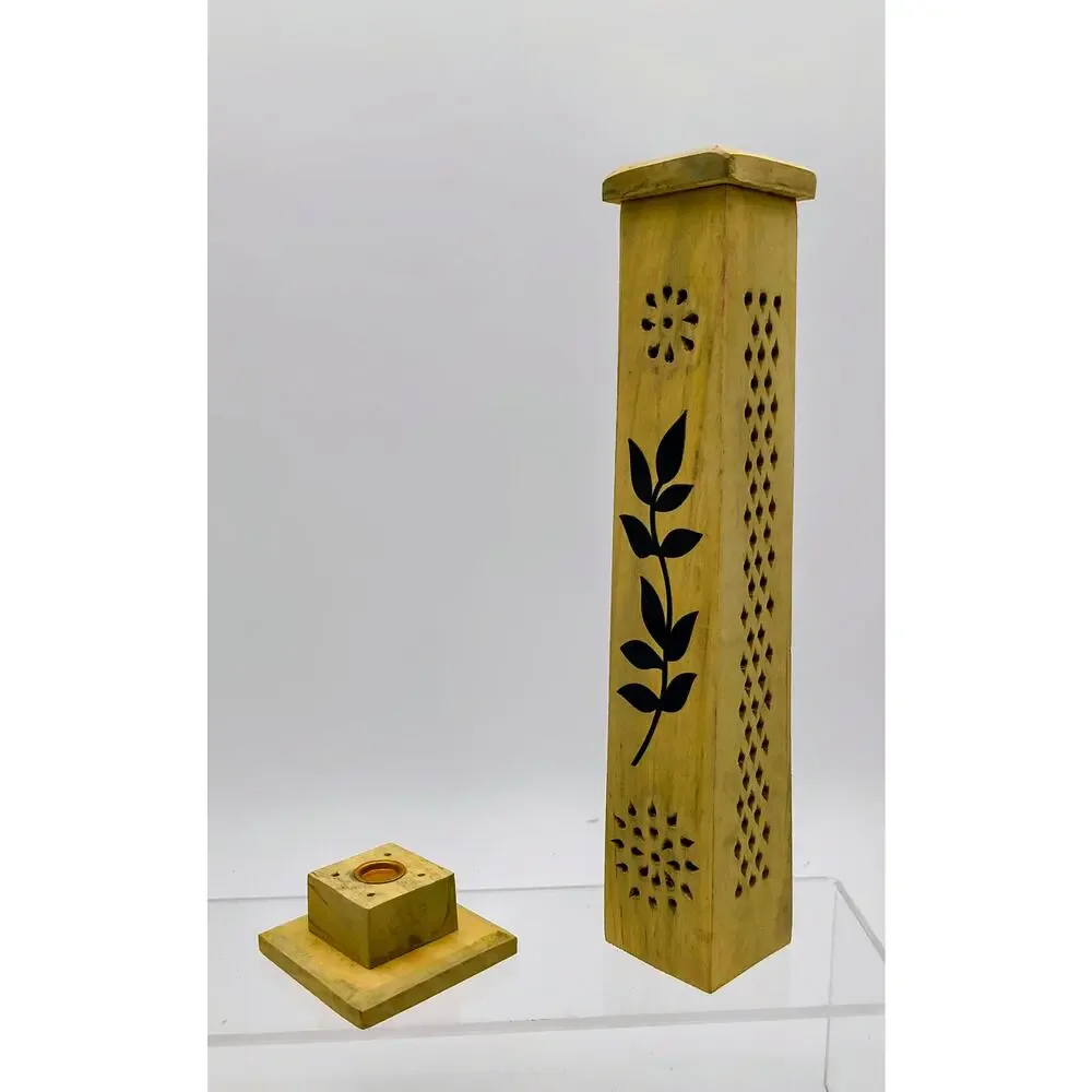 Wooden Incense Tower Hand Carved Leaf & Lattice Pattern for 11